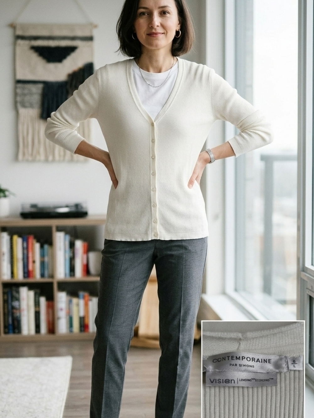 Simons Cream Ribbed V-Neck Button Cardigan